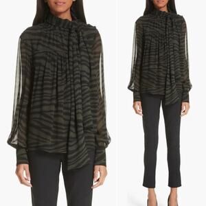 Proenza Schouler Tie Neck Tiger Stripe Silk Long Sleeve Blouse Green Black Size4